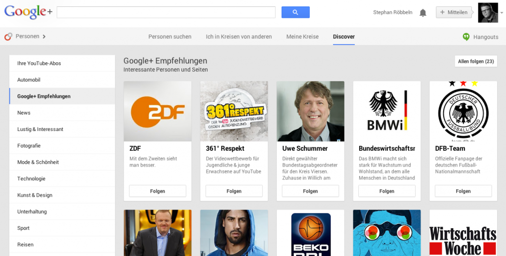 Discover Funktion bei Google+